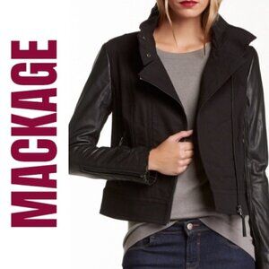 MACKAGE Andra Moto Biker Jacket Black Denim Lambs Leather Sleeves, Size XS